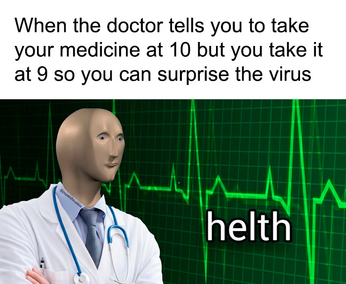 A doctor meme showing a surreal doctor and a heartbeat monitor, with the word 'helth'.