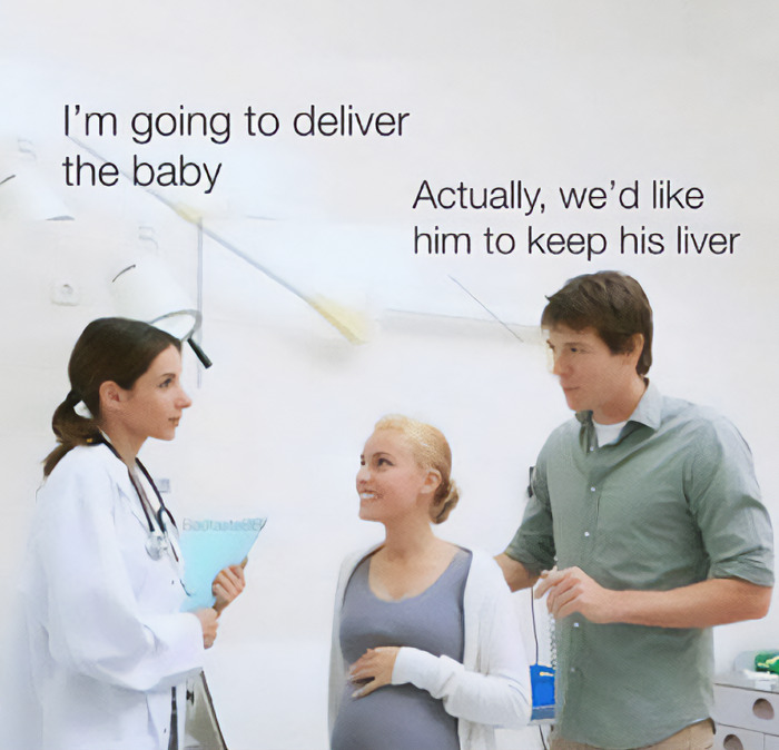 A doctor discusses delivery options with a pregnant woman and her partner, a medical book meme.
