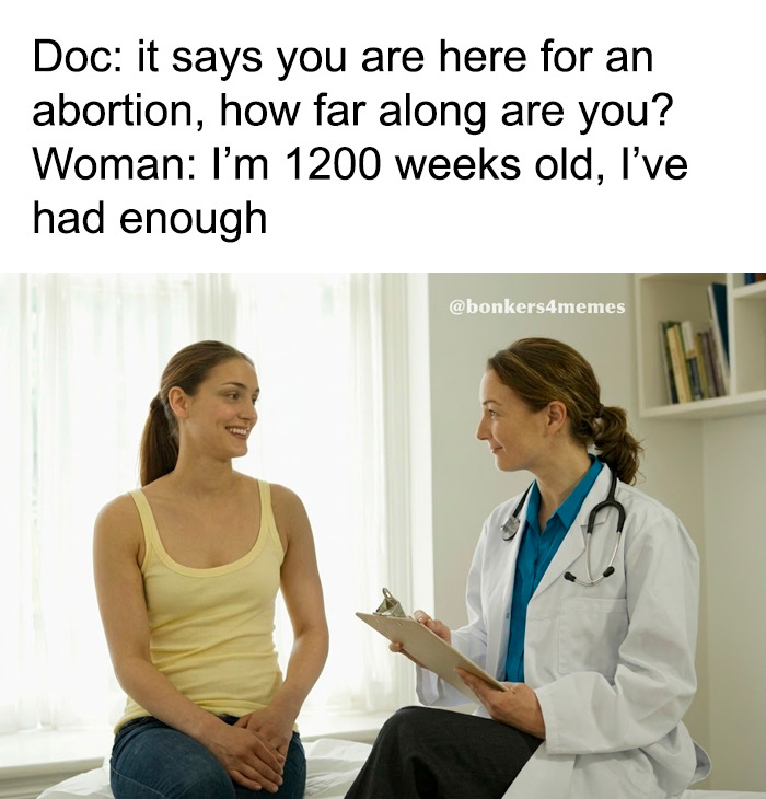 A meme for doctors: a female patient sits across from a doctor, discussing an abortion.
