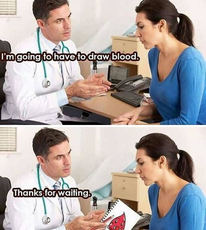 A doctor draws a picture of blood for a patient. A humorous meme for doctors.