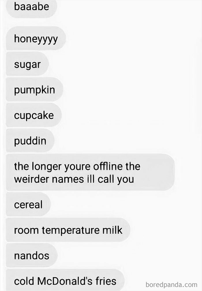 A funny text exchange where a person progressively calls their offline friend weirder names like 'cereal' and 'room temperature milk'.