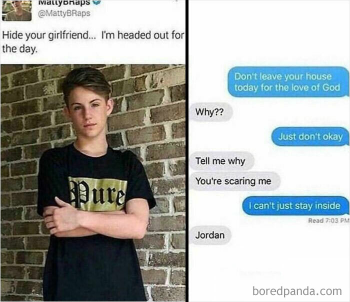 An unhinged text exchange where a person named Jordan is told to stay indoors because someone is 'headed out for the day.'