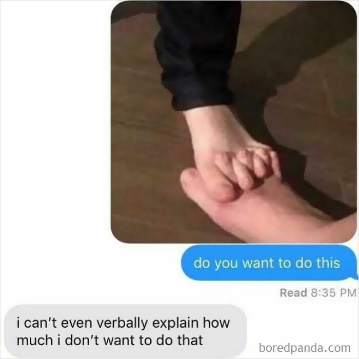 A screenshot of unhinged text exchanges where one person asks Do you want to do this alongside an image of intertwined feet.