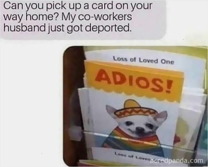 A hilarious text exchange showing a request for a card for a deported husband next to a card that says 'ADIOS!' with a chihuahua.