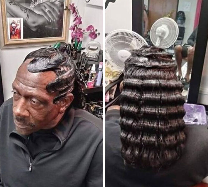 An older man with very defined, bold finger wave hairstyles, shown from the front and back.