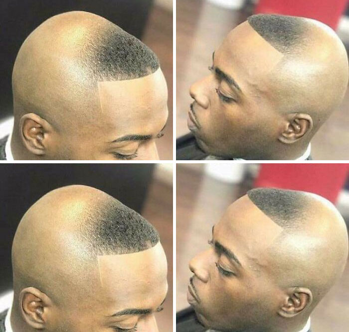 A four-panel image showcasing a man with a bold, unique shaved hairstyle with a distinct frontal fade.
