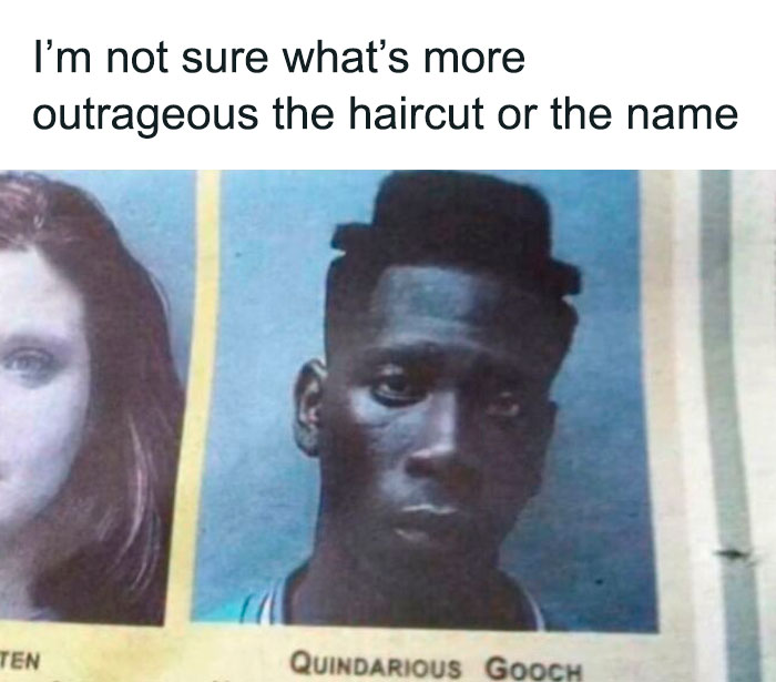 A yearbook photo of a man with an extremely bold and angular flat-top hairstyle, beside text mentioning outrageous haircuts.