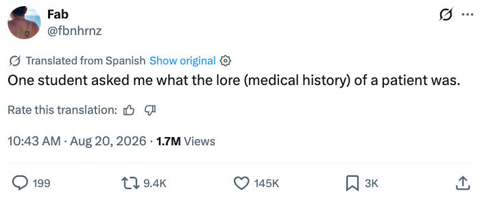 Funny tweet about a student asking for patient lore, included in a collection of funny tweets.