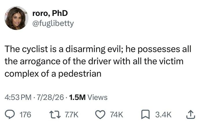 A screenshot of a funny tweet describing a cyclist, keeping the good mood.