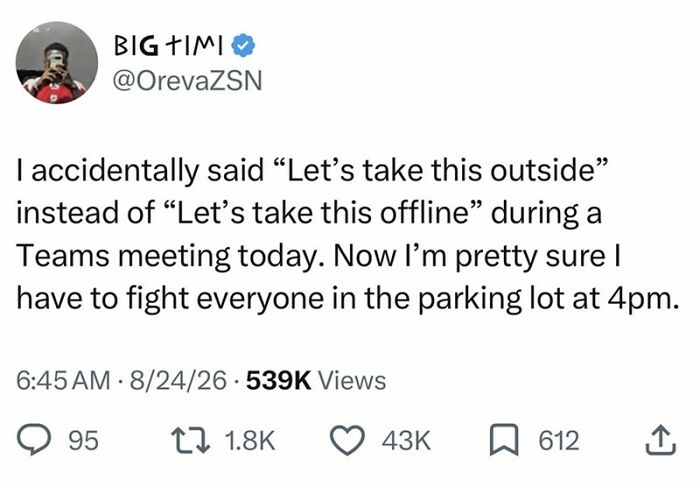 A screenshot of a funny tweet about a misspoken phrase during a meeting, keeping the good mood.