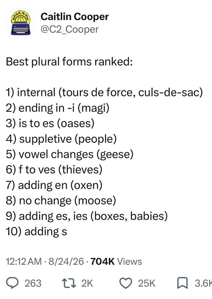 A screenshot of a funny tweet ranking plural forms, keeping the good mood.