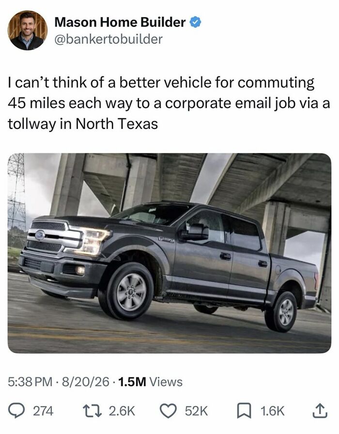 A screenshot of a funny tweet about a dark grey pickup truck, keeping the good mood.
