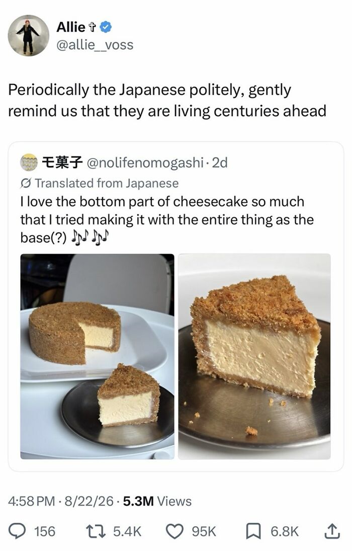 Screenshot of a funny tweet showing an image of a cheesecake with an entire cheesecake as its base, August edition.