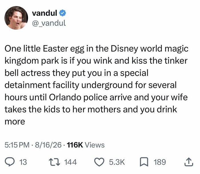Screenshot of a funny tweet about a Disney World Easter egg and a special detention facility, August edition.
