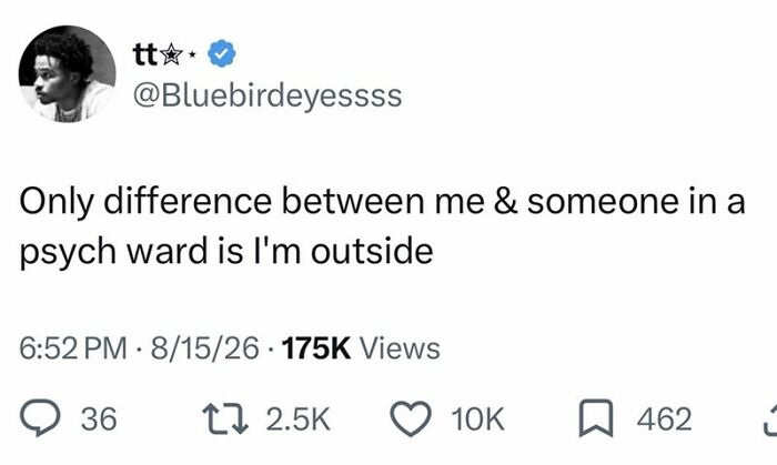 Screenshot of a funny tweet about the difference between being outside and being in a psych ward, August edition.