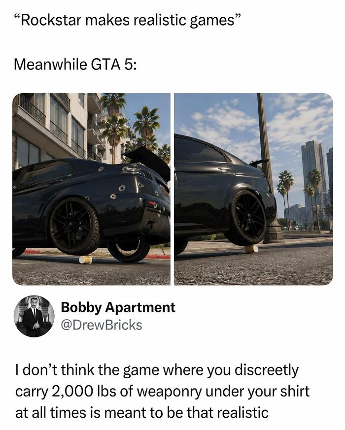 A funny meme from an IG account showing GTA 5 car physics and an ironic comment. Hood Content King memes.