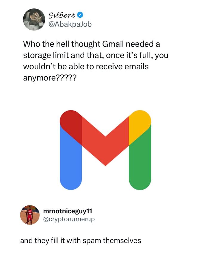 The Gmail logo with a social media post asking about its storage limit. This funny meme comes from a popular IG account.