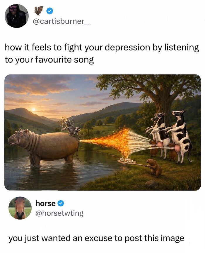 A surreal image depicts a hippo breathing fire at cows that are milking themselves. This funny meme comes from a popular IG account.