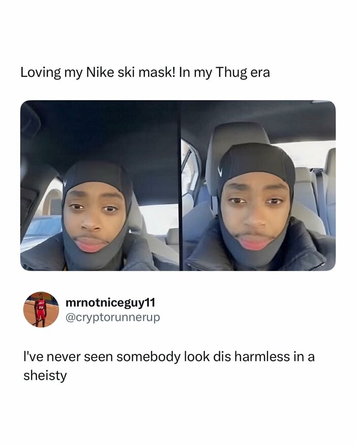 A split image shows a person in a car wearing a black ski mask. This funny meme comes from a popular IG account.