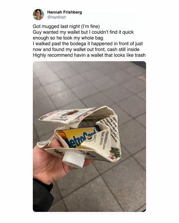 Funny meme from Hood Content King IG account showing a person's wallet made from a milk carton after being mugged.