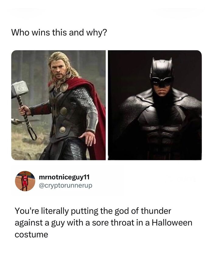 Funny meme from Hood Content King IG account comparing Thor and Batman, questioning who would win the fight.