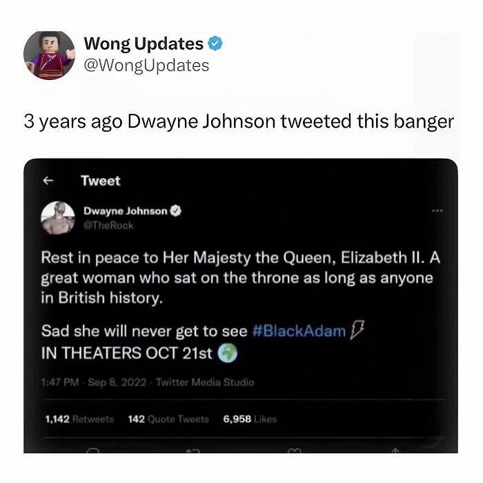 Funny meme from Hood Content King IG account featuring a Dwayne Johnson tweet about Queen Elizabeth and Black Adam.