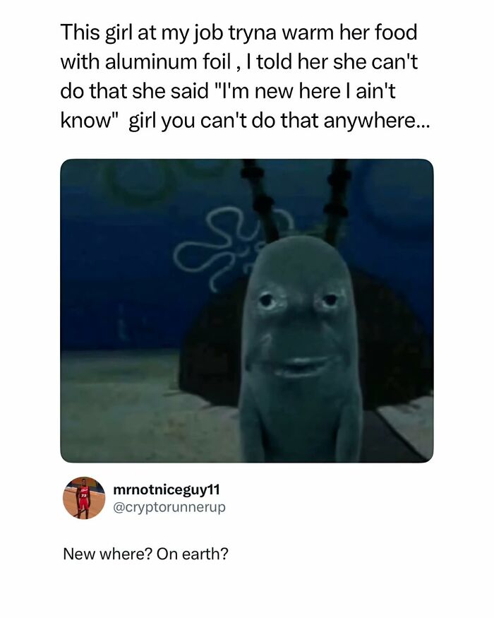 Funny meme from Hood Content King IG account showing a SpongeBob character looking confused about warming food.