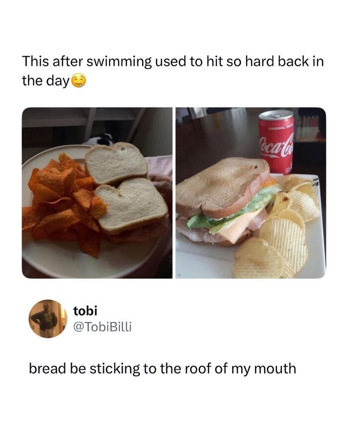 Funny Memes: A tweet depicting sandwiches and chips after swimming, with a humorous comment about dry bread.