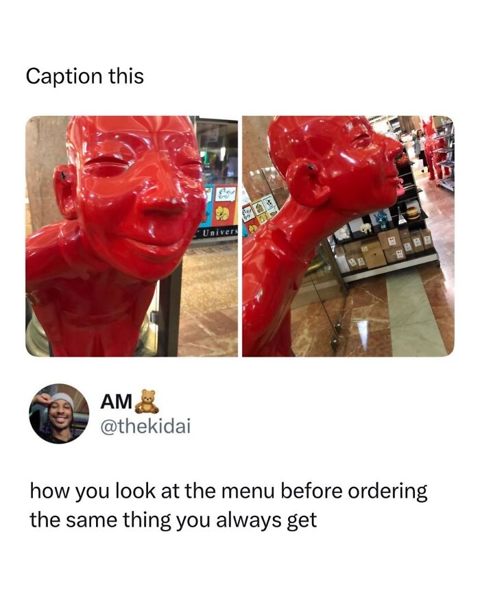 A meme featuring a red mannequin statue and a caption comparing it to menu browsing.