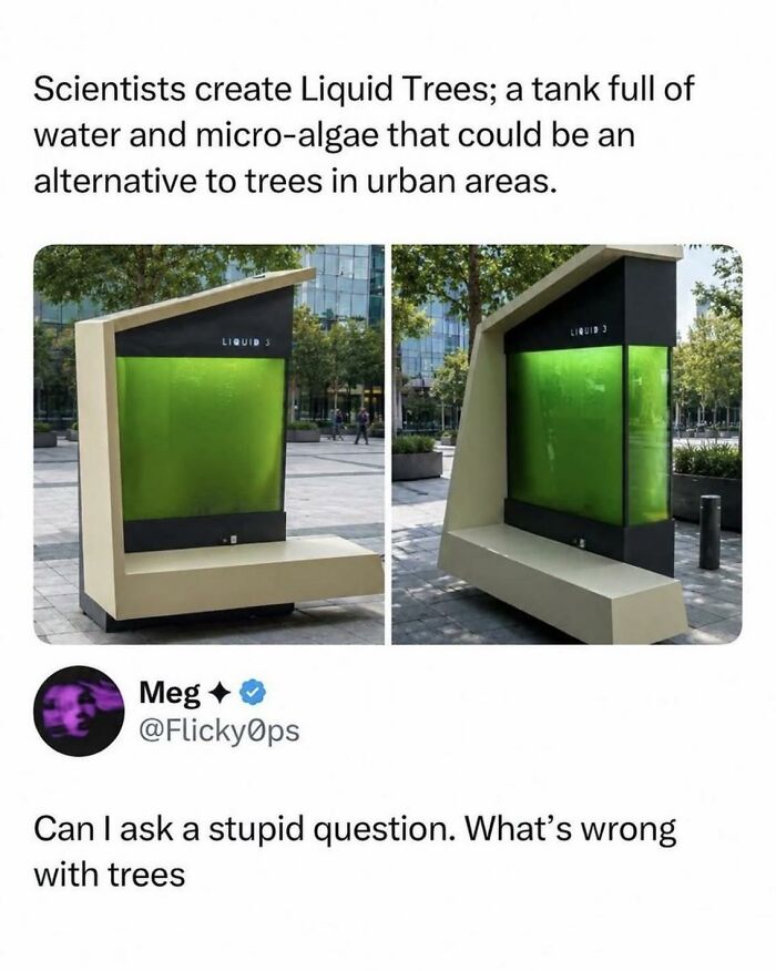 A meme showing two liquid trees and a question about them.