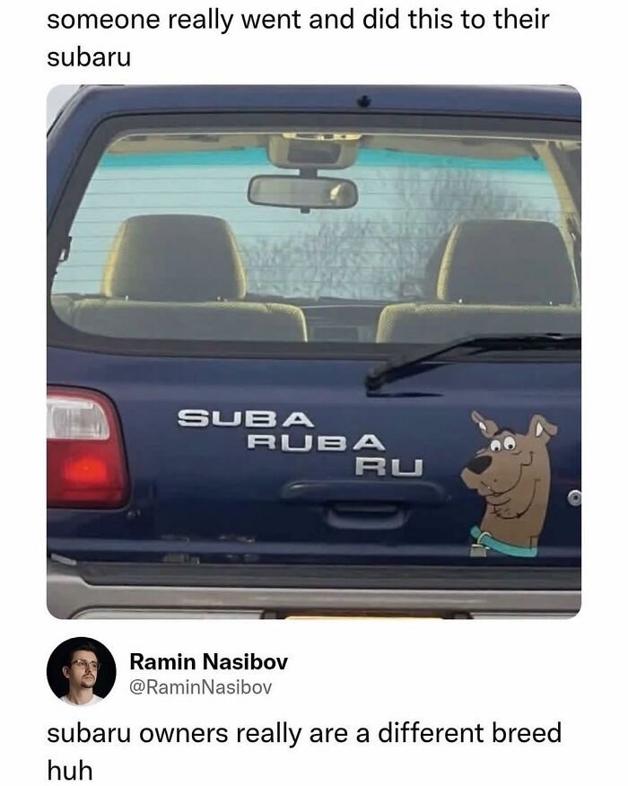 Funny memes showing a Subaru car with a custom Scooby-Doo sticker that says SUBARU RU.