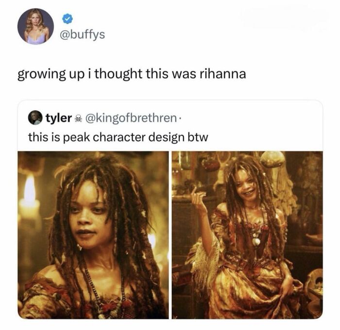 Two images of a woman with dreadlocks and a long dress; a funny meme from Hood Content King.