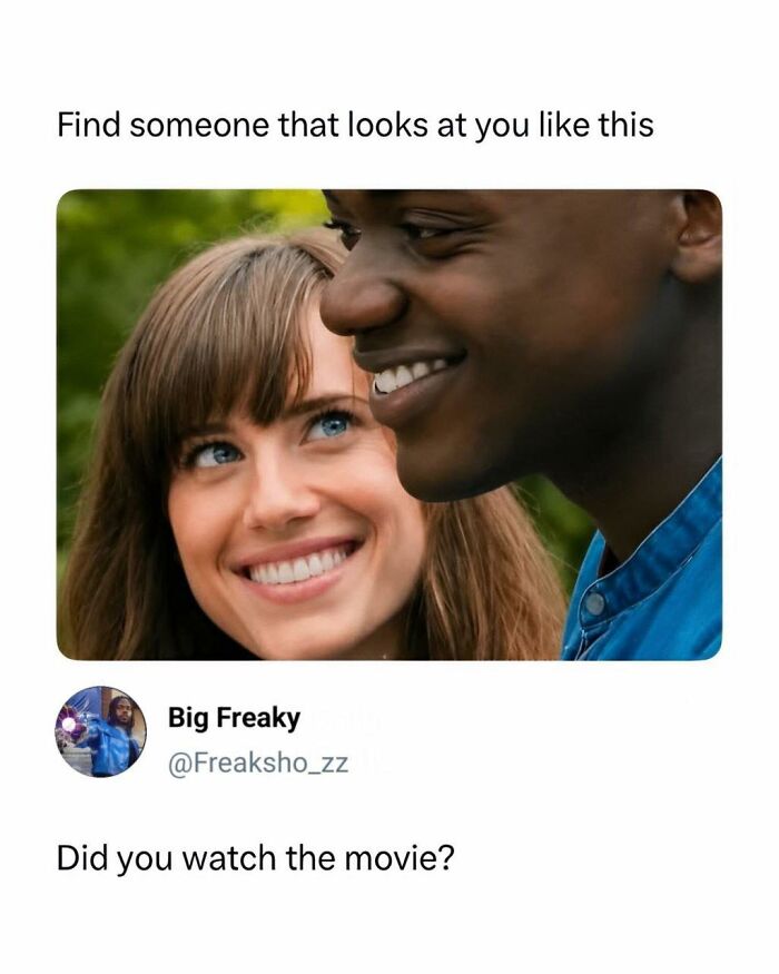 A woman smiling and looking up at a man; a funny meme from Hood Content King.