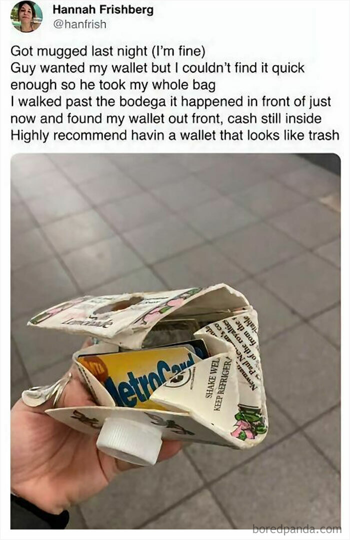Funny meme from Hood Content King IG account showing a person's wallet made from a milk carton after being mugged.