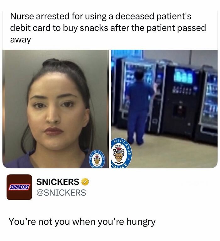 A split image showing a nurse's mugshot and her at a vending machine, a funny meme about hunger.