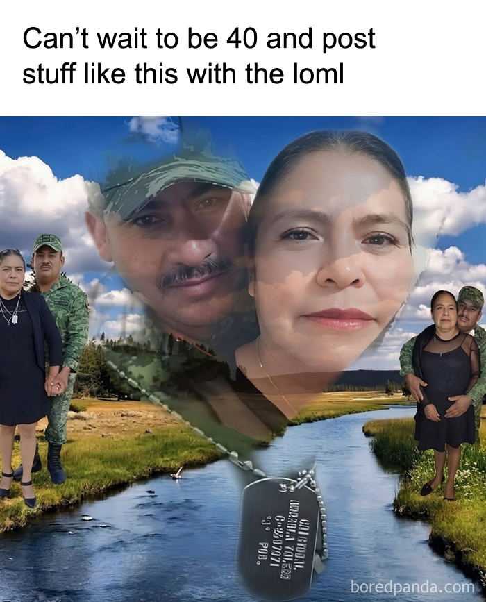 An image with two couples and a dog tag over a river, a sweet meme to change your mood.