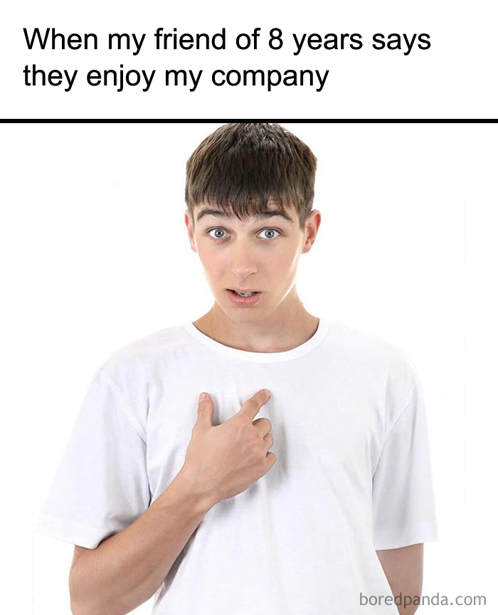 A meme of a surprised young man pointing at himself. This unhinged meme might change your mood.