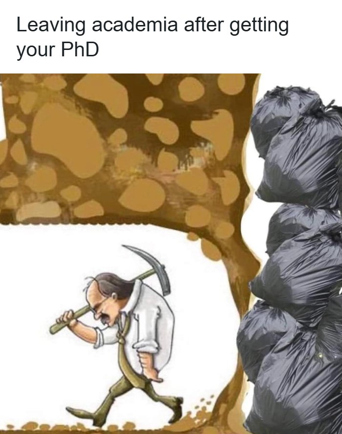 A PhD meme showing a man digging through mud, representing leaving academia after getting your PhD, with trash bags symbolizing the outcome.