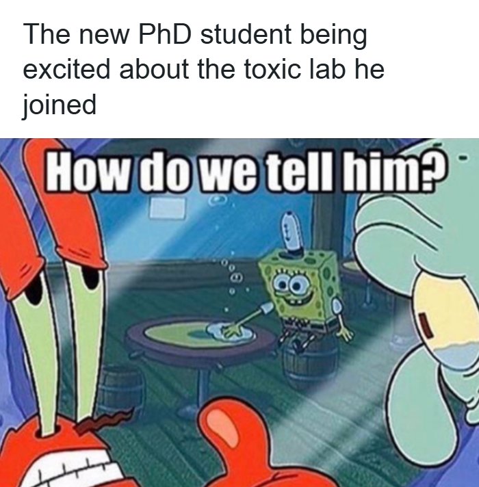A PhD meme with Spongebob characters, depicting how to tell a new PhD student about a toxic lab.