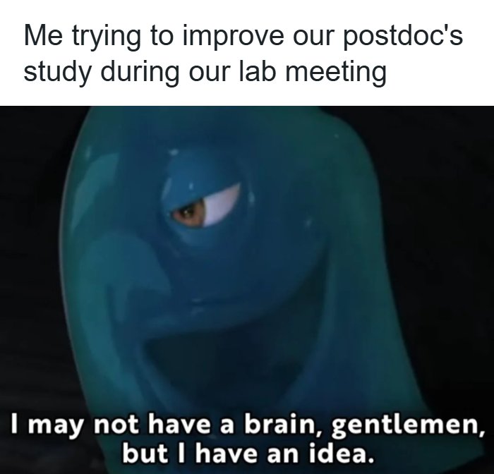 A PhD meme with a green blob saying, I may not have a brain, gentlemen, but I have an idea, during a lab meeting.