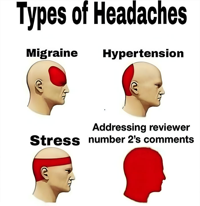A PhD meme illustrating types of headaches, ending with a fully red head for reviewer comments, about writing a thesis.