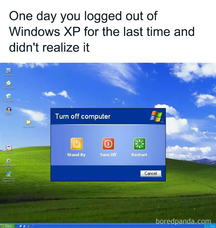 A screenshot of the Windows XP desktop with the Turn off computer dialog box, evoking '90s and '00s nostalgia.