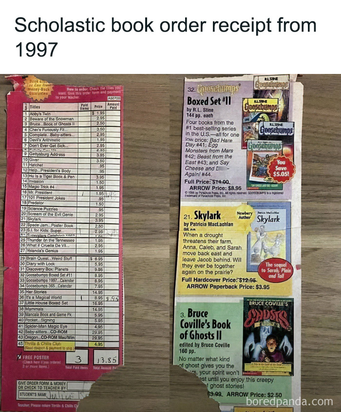 A 1997 school book order receipt listing various titles, including Goosebumps, a nostalgic item for 90s and 00s kids.
