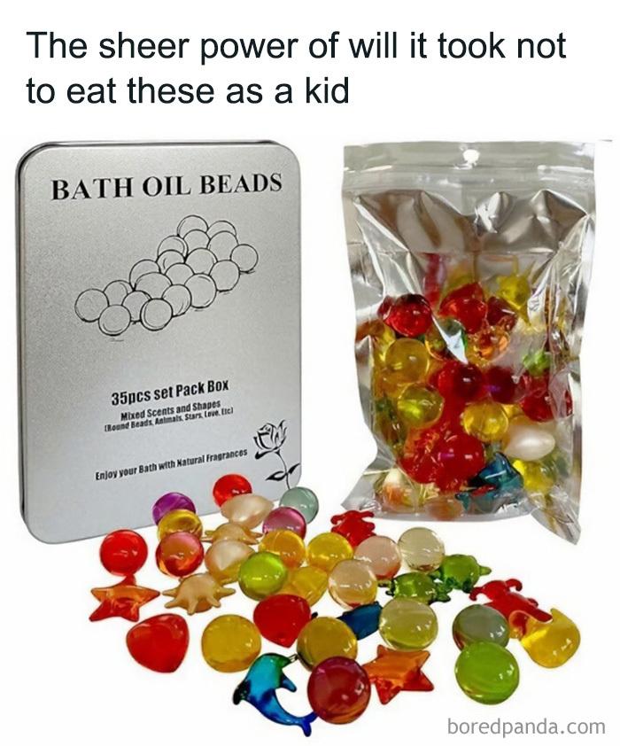 A tin box and bag filled with colorful bath oil beads, a nostalgic item from the '90s and '00s.