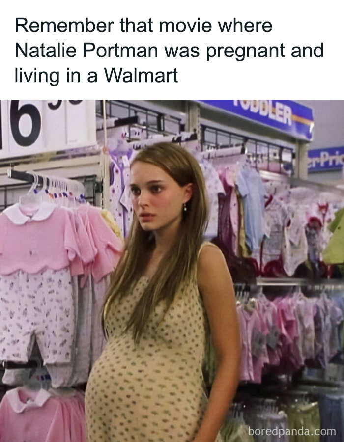 Natalie Portman as a pregnant character in a Walmart baby section, bringing '90s and '00s nostalgia.