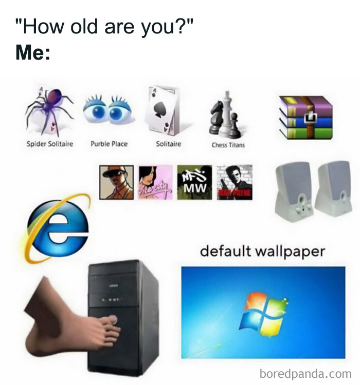 A meme with 90s and 00s computer game and software icons, evoking nostalgia for those who experienced them.
