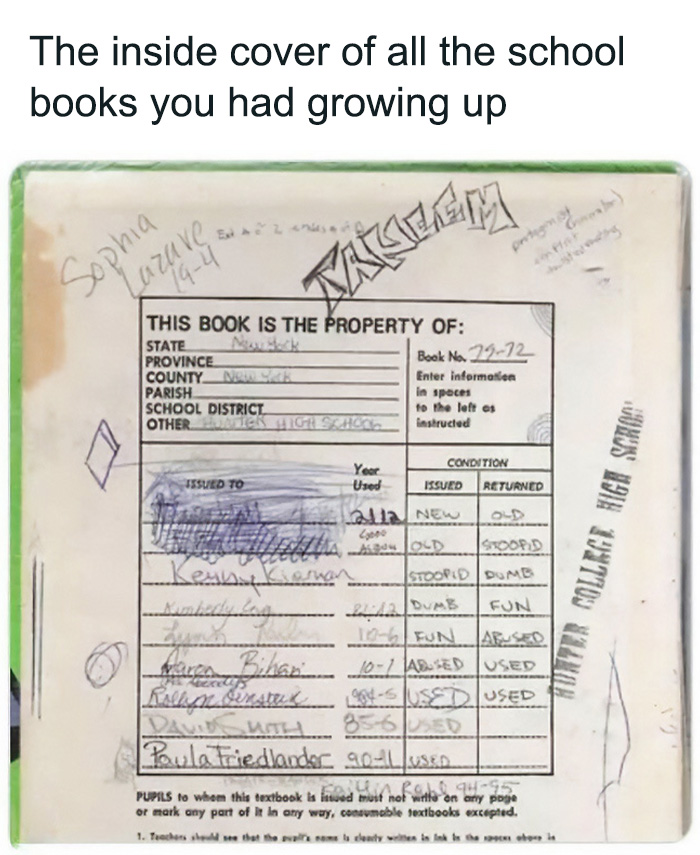 Inside cover of a school book from the 90s and 00s, covered in student names and dates, evoking nostalgia.