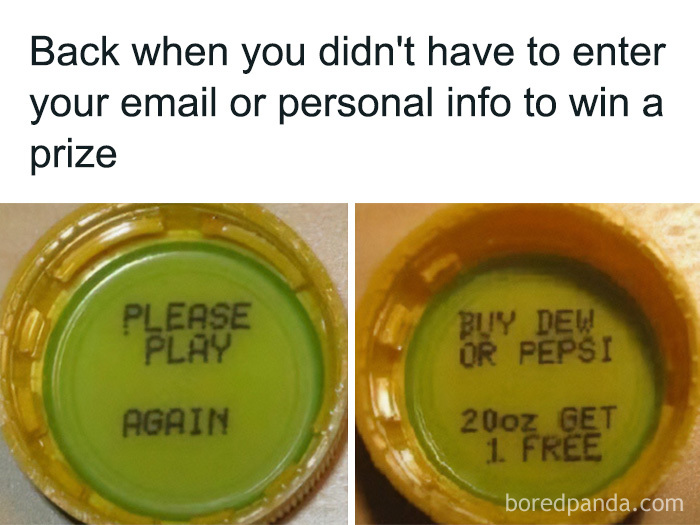 A meme with two bottle caps offering prizes, bringing nostalgia from the 90s and 00s.