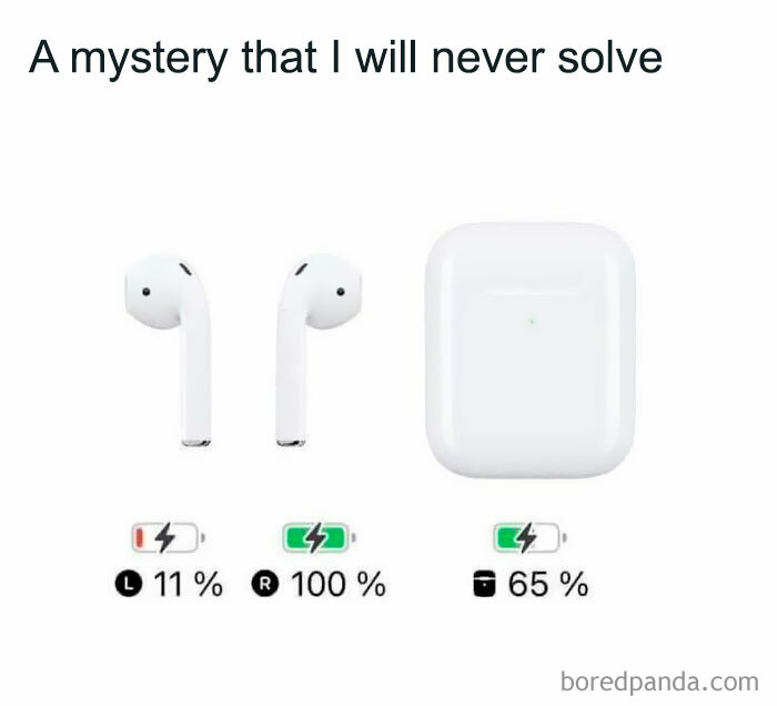 A meme showing the Airpods battery levels, one at 11%, other at 100%, and case at 65%, a hilarious meme.