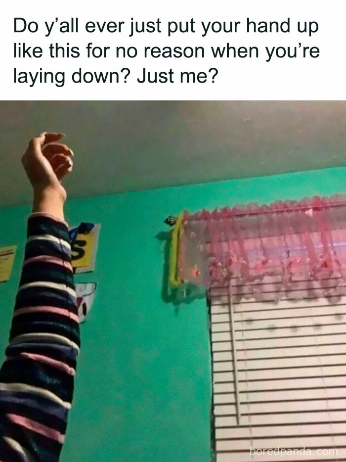 A hilarious meme of an arm raised while lying down, relatable for anyone going to bed in a good mood.